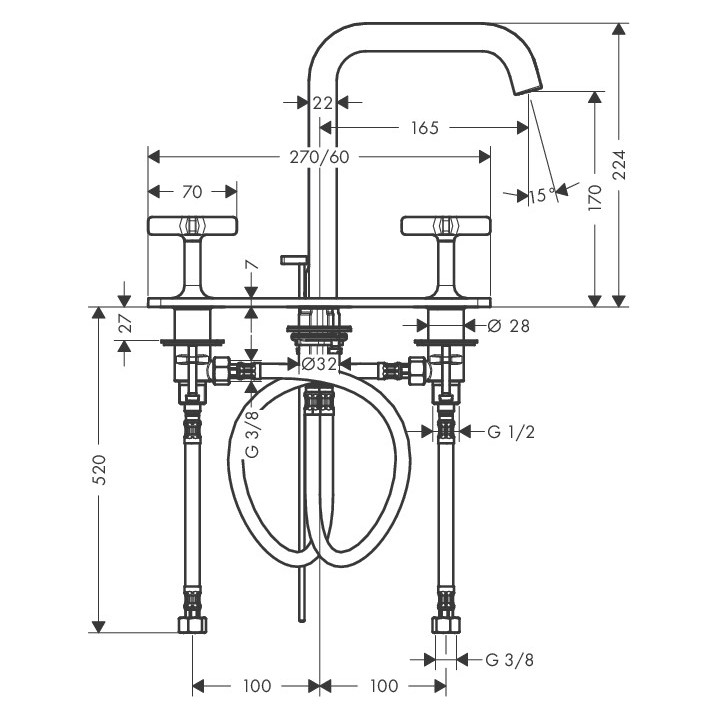 Bateria umywalkowa 3-otworowa Axor Citterio E stojąca, dł. wylewki 165 mm, chrom, z płytką, DN15- sanitbuy.pl