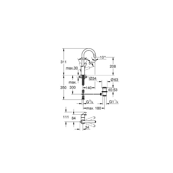 Bateria umywalkowa Grohe Eurosmart stojąca, wys. 311 mm, chrom, jednouchwytowa- sanitbuy.pl