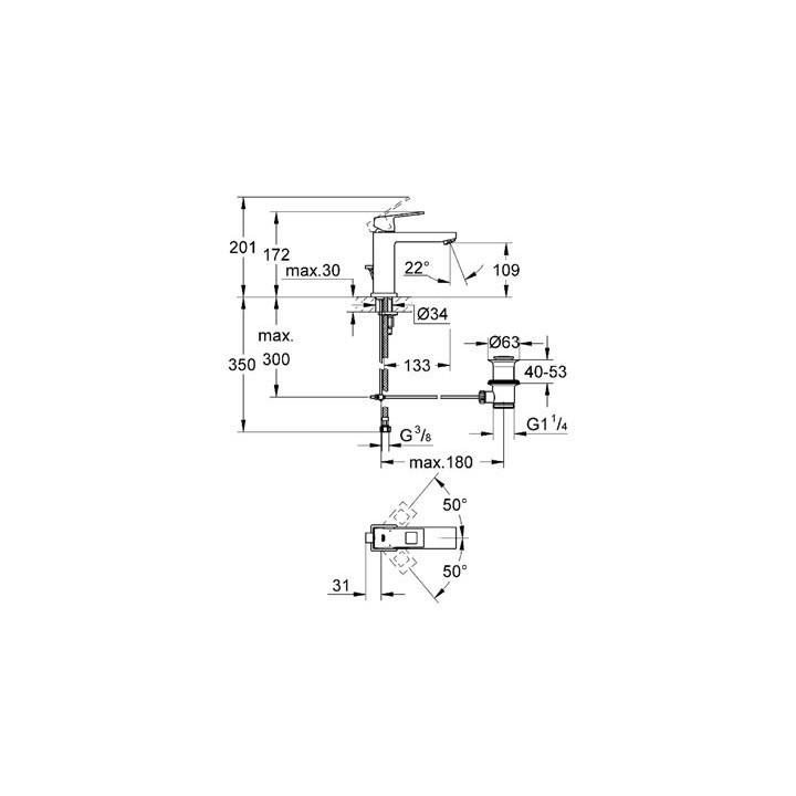 Bateria umywalkowa GROHE Eurocube stojąca, wys. 201 mm, chrom, jednootworowa- sanitbuy.pl