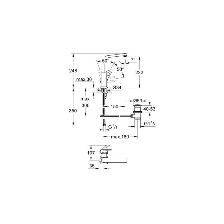 Bateria umywalkowa GROHE Eurocube stojąca, wys. 248 mm, chrom, jednootworowa, ogranicznik przepływu- sanitbuy.pl
