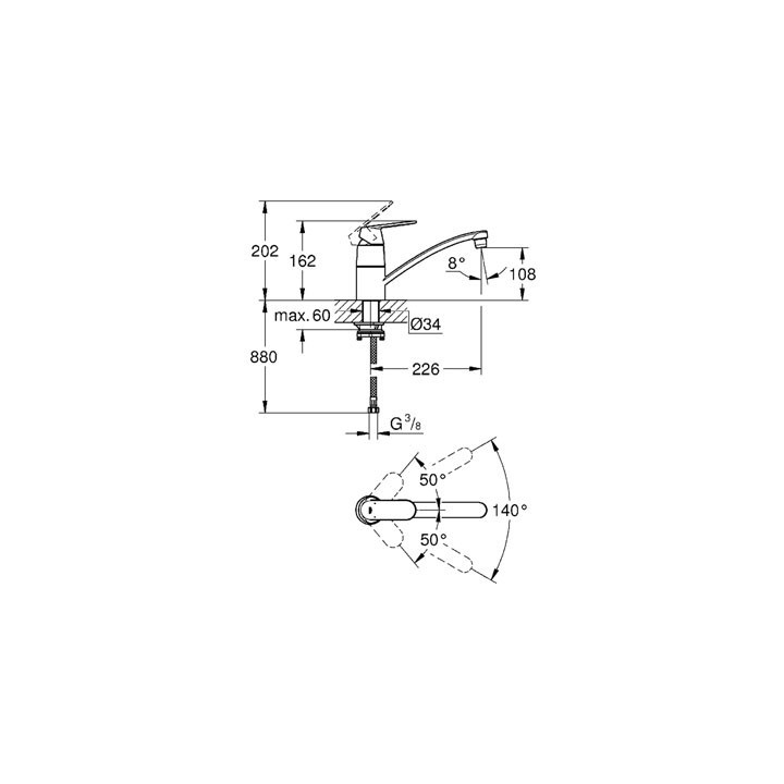 Bateria kuchenna GROHE Eurosmart Cosmopolitan stojąca, wys. 203 mm, chrom, jednouchwytowa, ogranicznik przepływu- sanitbuy.pl