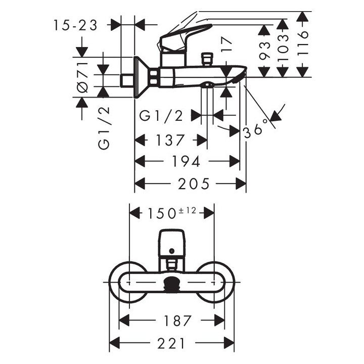 Bateria wannowa 1-uchwytowa Hansgrohe Logis dł. 166 mm, natynkowa, chrom, rozstaw 153 mm- sanitbuy.pl