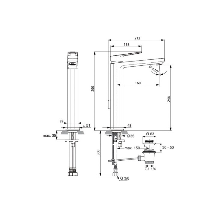 Bateria umywalkowa Ideal Standard Tonic II stojąca, wys. 154 mm, chrom, komplet odpływowy- sanitbuy.pl