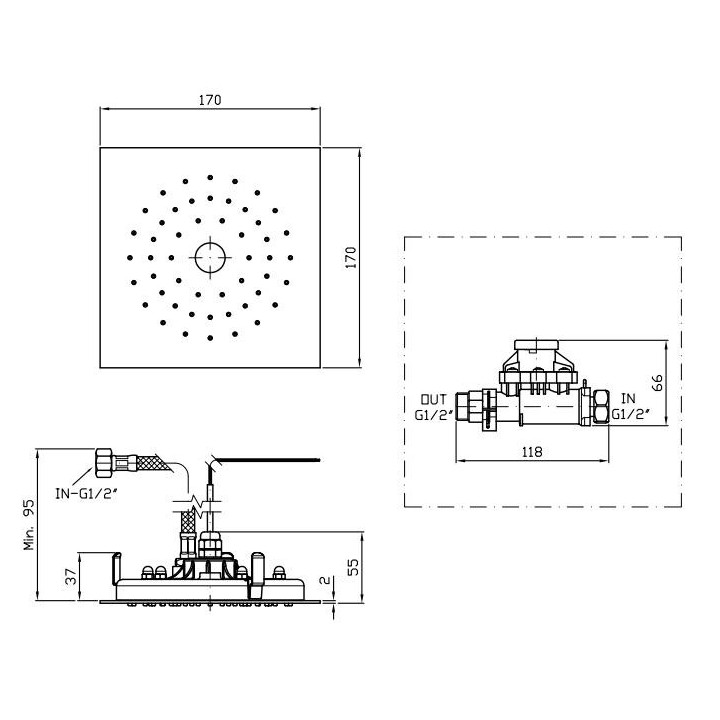 Deszczownica z oświetleniem centralnym Zucchetti Isyshower sufitowa, bok: 170 mm, chrom- sanitbuy.pl
