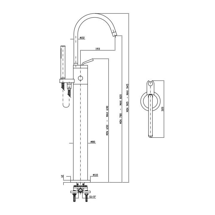 Bateria wannowa Zucchetti Isystick wolnostojąca, wys. 905 - 945 mm, satyna,  z prysznicem, el. zewnętrzny- sanitbuy.pl