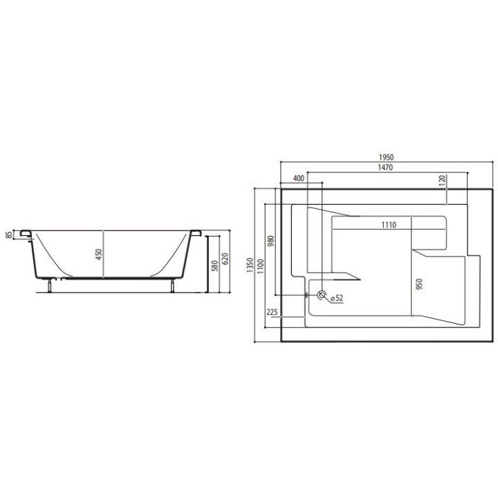 Wanna asymetryczna Ruben Ego narożna, 195 x 135 x 45 cm, biała, system hydromasażu Rexus Champagne- sanitbuy.pl