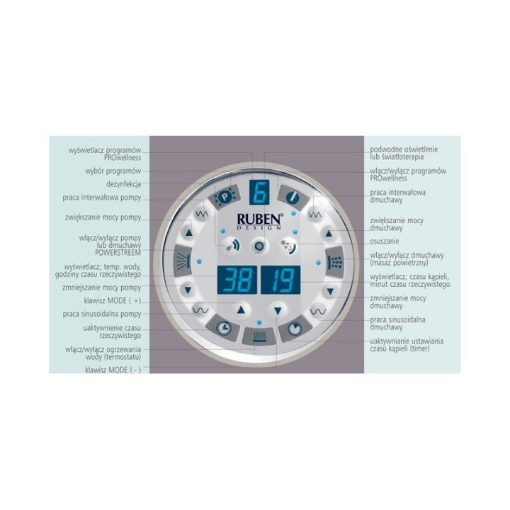 Wanna asymetryczna Ruben Ego narożna, 195 x 135 x 45 cm, biała, system hydromasażu Maxus Maximus- sanitbuy.pl