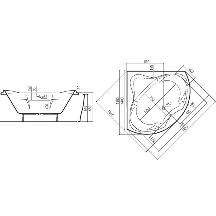 Wanna narożna Ruben Mona Lisa 150 x 150 x 48 cm, biała, system hydromasażu Kenzo- sanitbuy.pl