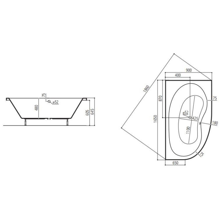Wanna narożna Ruben Perla 165 x 90 x 48 cm, biała- sanitbuy.pl