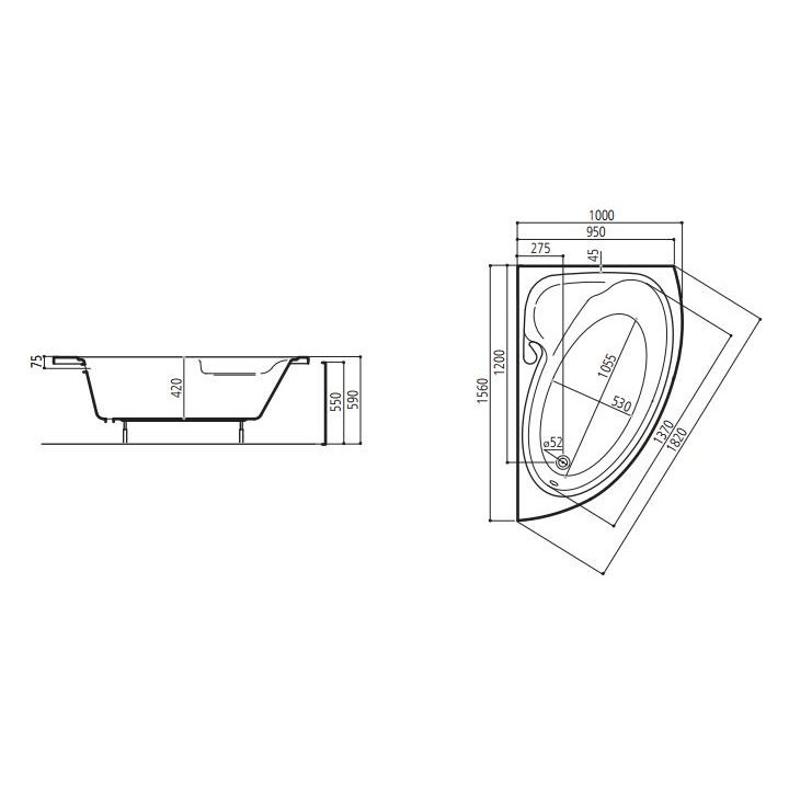 Wanna narożna Ruben Victoria asymetryczna, 156 x 100 cm, biała, lewa/prawa, system hydromasażu Rexus- sanitbuy.pl