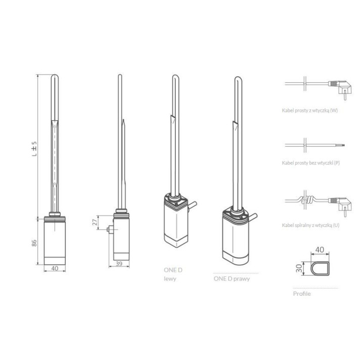 Grzałka Terma One o profilu D, Lewa, moc 120 W - biała- sanitbuy.pl