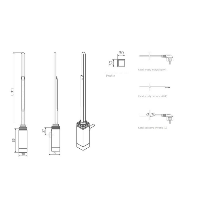 Grzałka Terma One o profilu D, Prawa, moc 120 W - biała- sanitbuy.pl