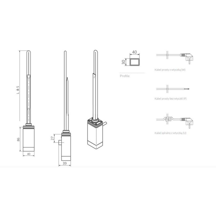 Grzałka Terma One o profilu kwadratowym 30x30, moc 120 W - kolor- sanitbuy.pl