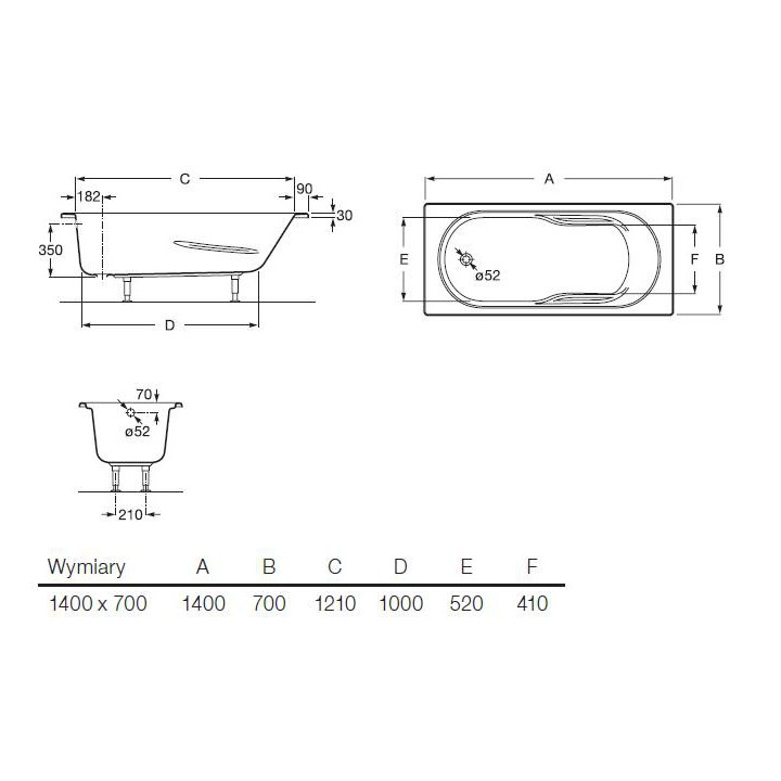 Wanna prostokątna Roca Genova biała, akrylowa, 140 x 70 cm, regulowane nóżki- sanitbuy.pl
