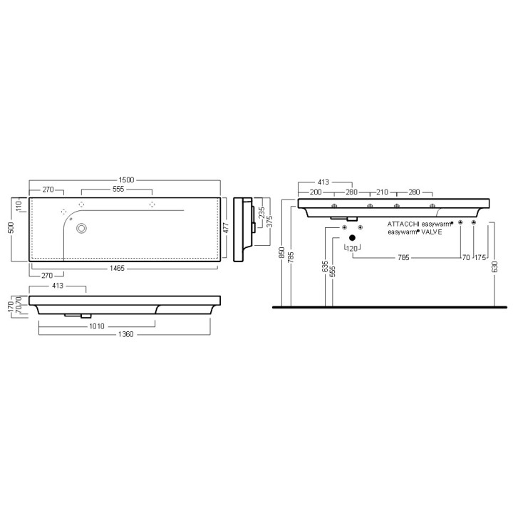 Umywalka asymetryczna Hatria Grandangolo YXF3 ścienna 150 x 50 cm, biała, otwór na baterię z lewej- sanitbuy.pl