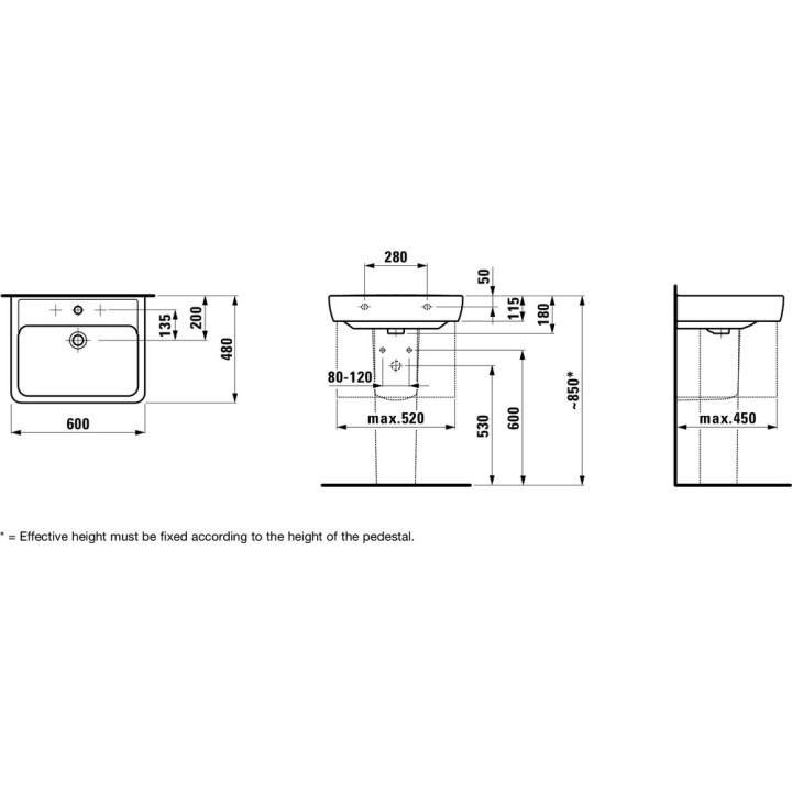 Umywalka prostokątna Laufen Pro wisząca, 60 x 48 cm, biała, z otworem na baterię- sanitbuy.pl
