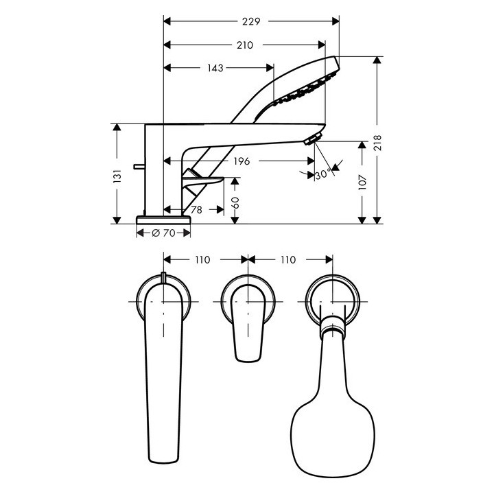 Bateria wannowa 3-otworowa Hansgrohe Talis E chrom, dł. 196 mm, montaż na brzegu wanny, el. zewnętrzny- sanitbuy.pl