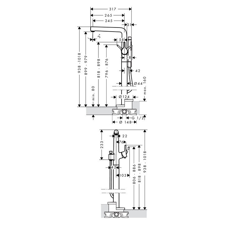 Bateria wannowa wolnostojąca Hansgrohe Talis S chrom, wys. 938 - 1018 mm, montaż w podłodze- sanitbuy.pl
