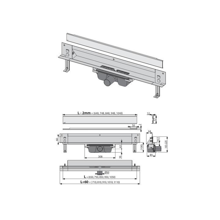 Odpływ liniowy do zabudowy w ścianie Alcaplast stal nierdzewna, dł. 950 mm- sanitbuy.pl
