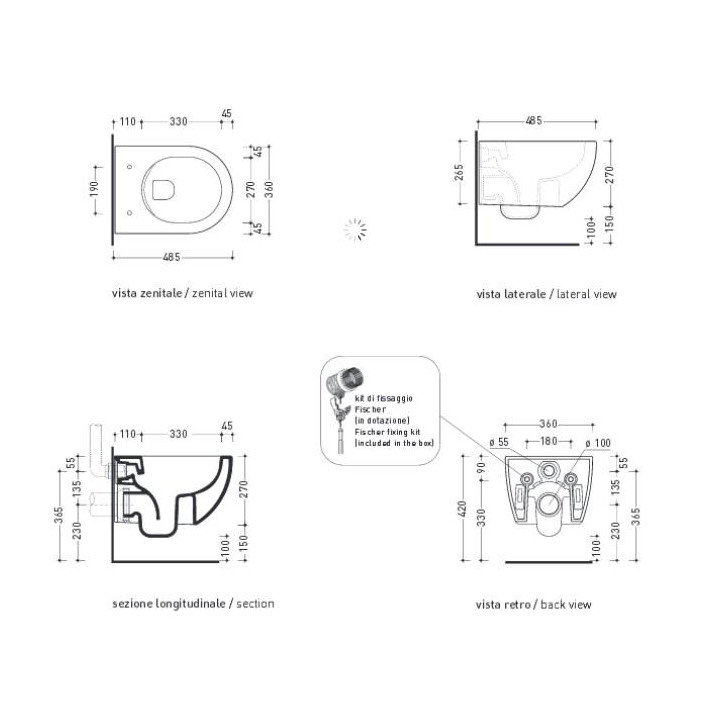 Miska wisząca WC Flaminia Link 56 x 36 x 20 cm, czarna na zewnątrz/biała wewnątrz, zdobienie, goclean- sanitbuy.pl
