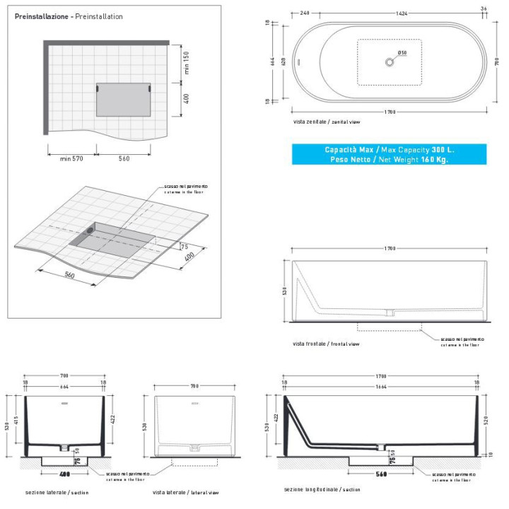 Wanna wolnostojąca, owalna Flaminia Oval Bicolor 170, czarny połysk/biały, zestaw odpływowy- sanitbuy.pl