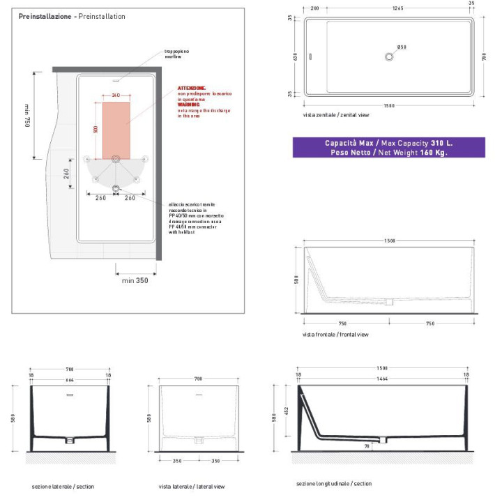 Wanna prostokątna Flaminia Wash 150 x 70 x 58 cm, różowa, wyprofilowana, przelew- sanitbuy.pl