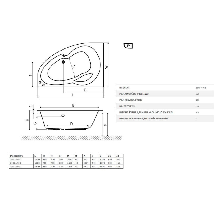 Wanna asymetryczna, narożna Excellent Newa 160 x 94,8 cm, akrylowa, biała, prawa - sanitbuy.pl