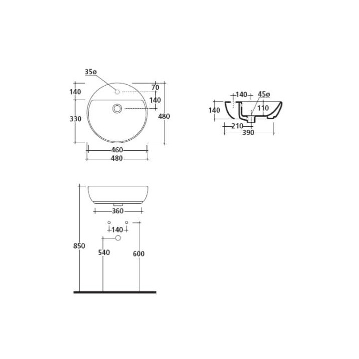 Umywalka nablatowa, okrągła Galassia Eden biała, śr. 48 cm, przelew, otwór na baterię- sanitbuy.pl