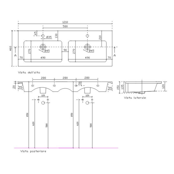 Umywalka wiszaca Galassia Eden biała, 141 x 46 x 12 cm, podwójna, przelew i otwór na baterię- sanitbuy.pl