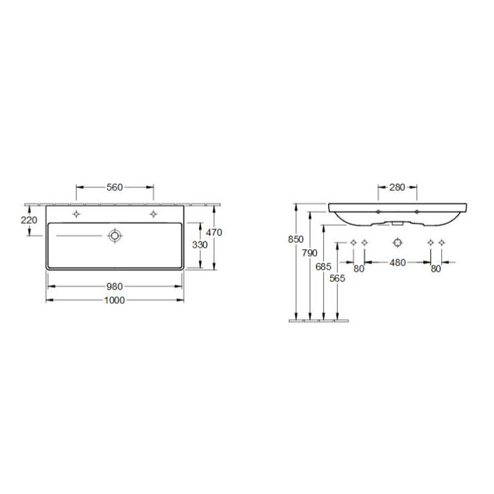 Umywalka meblowa, prostokątna Villeroy & Boch biały Alpin, 100 x 47 x 16,5 cm, bez przelewu, 2 otwory na baterię- sanitbuy.pl