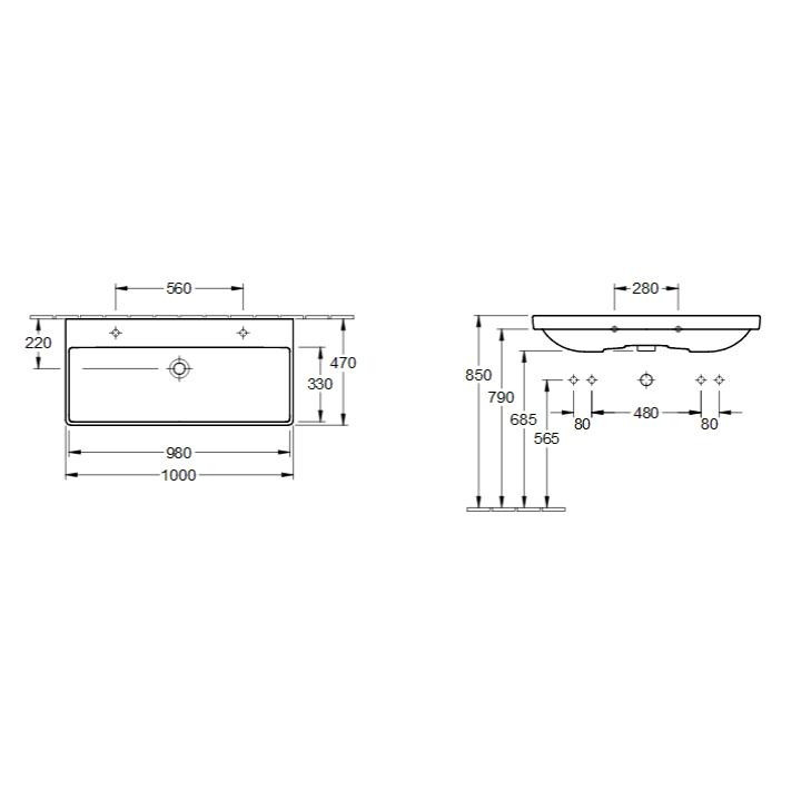 Umywalka wisząca, prostokątna Villeroy & Boch Avento biały Alpin, 55 x 37 x 15,5 cm, przelew, otwór na baterię, powłoka CeramicP
