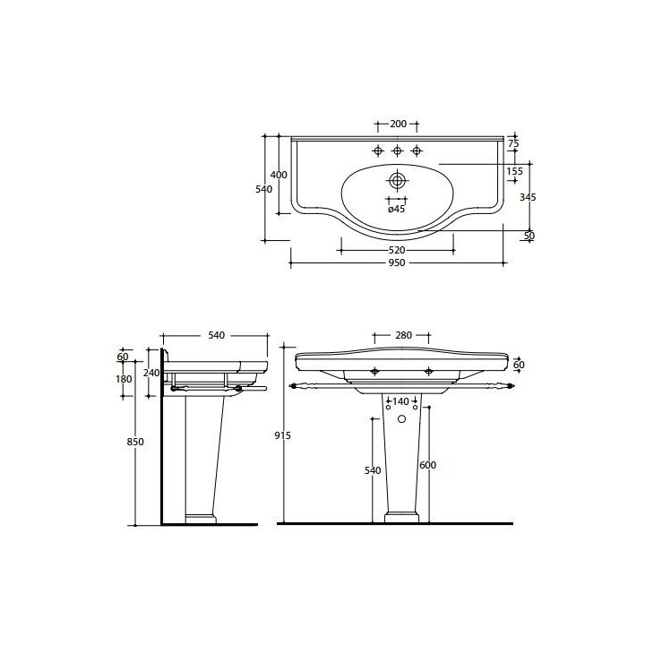 Umywalka wisząca/mocowana na postumencie Galassia MEG11 biała, 95 x 54 cm, przelew, otwór na baterię, retro- sanitbuy.pl