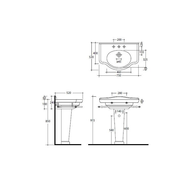 Umywalka wisząca/mocowana na postumencie Galassia MEG11 biała, 95 x 54 cm, przelew, otwór na baterię, retro- sanitbuy.pl