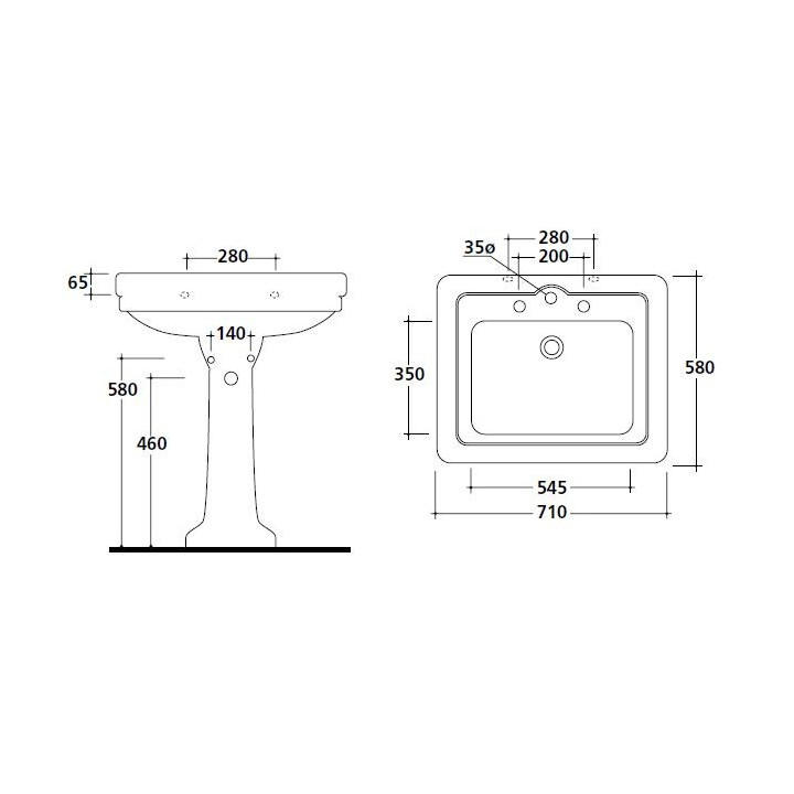 Umywalka wisząca/mocowana na nogach Galassia Ethos biała, 101 x 60 x 27 cm, przelew, otwór na baterię, retro- sanitbuy.pl