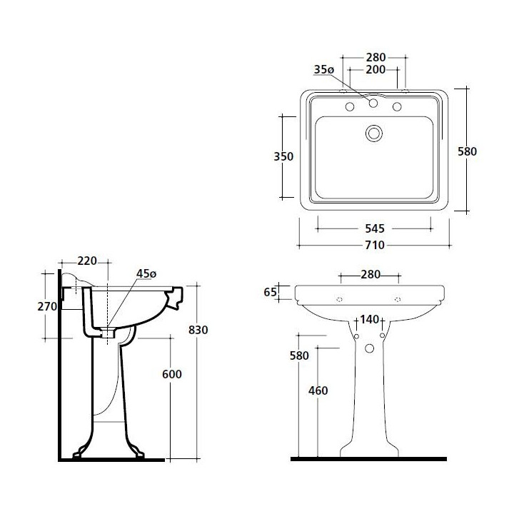 Umywalka wisząca/mocowana na postumencie Galassia Ethos biała, 71 x 58 x 27 cm, przelew, otwór na baterię, retro- sanitbuy.pl