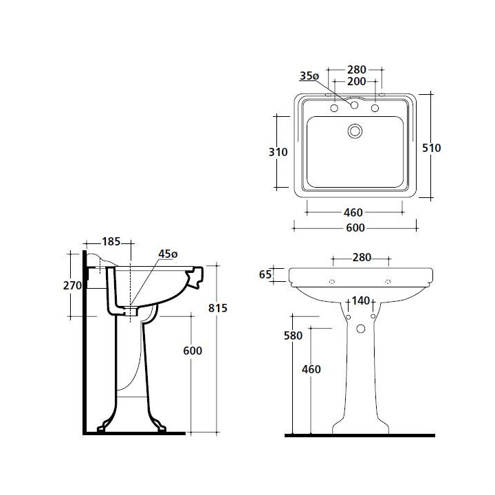 Umywalka wisząca/mocowana na postumencie Galassia Ethos biała, 71 x 58 x 24 cm, przelew, otwór na baterię, retro- sanitbuy.pl
