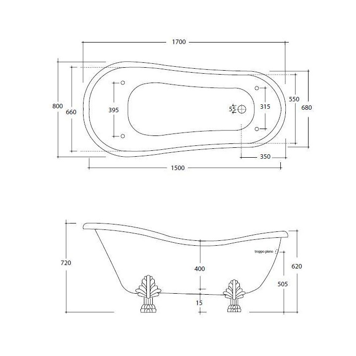 Wanna wolnostojąca Galassia Ethos 170 x 80 cm, włókno szklane, biała, zestaw odpływowy, nogi chrom, bez przelewu- sanitbuy.pl