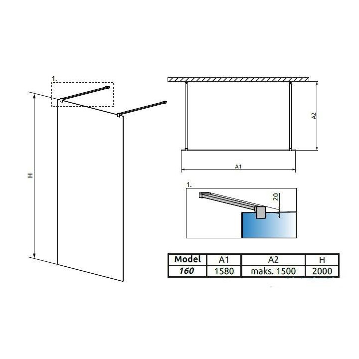 Ścianka Walk-In Radaway Modo New I 160, 158x200cm, chrom, szkło przejrzyste- sanitbuy.pl