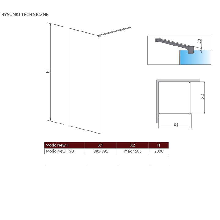 Ścianka Walk-In Radaway Modo New II 90, 88.5-89.5x200cm, chrom, szkło przejrzyste- sanitbuy.pl