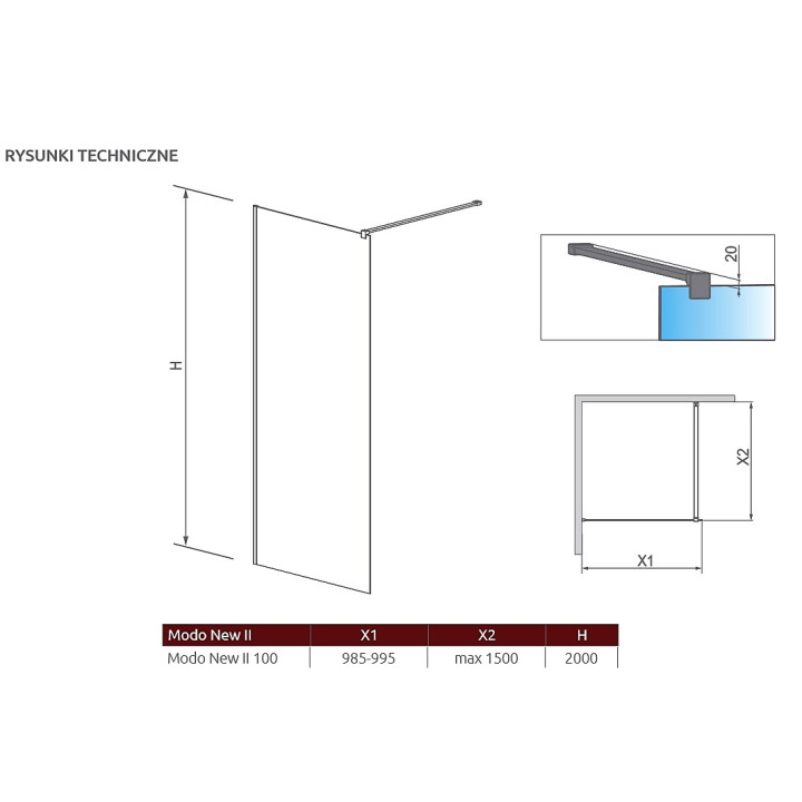 Ścianka Walk-In Radaway Modo New II 100, 98.5-99.5x200cm, chrom, szkło przejrzyste- sanitbuy.pl