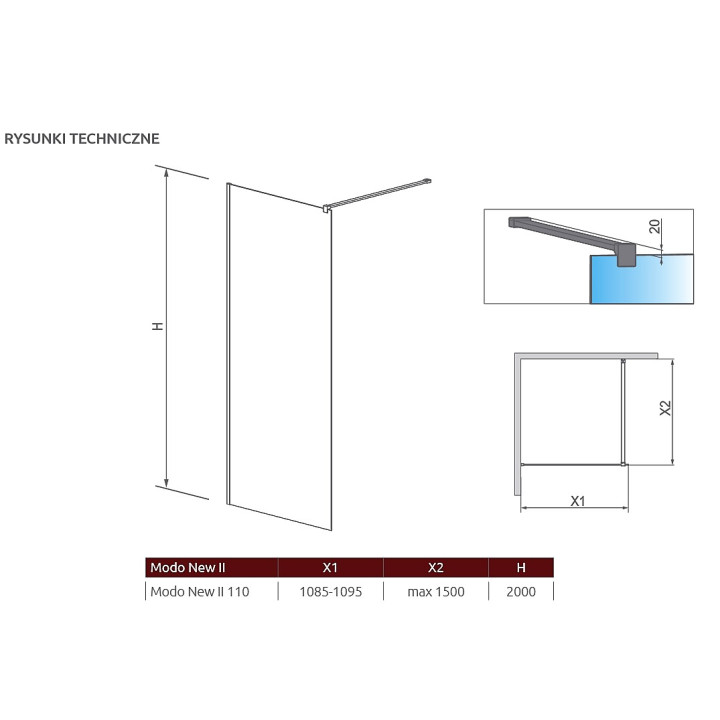 Ścianka Walk-In Radaway Modo New II 110, 108.5-109.5x200cm, chrom, szkło przejrzyste- sanitbuy.pl