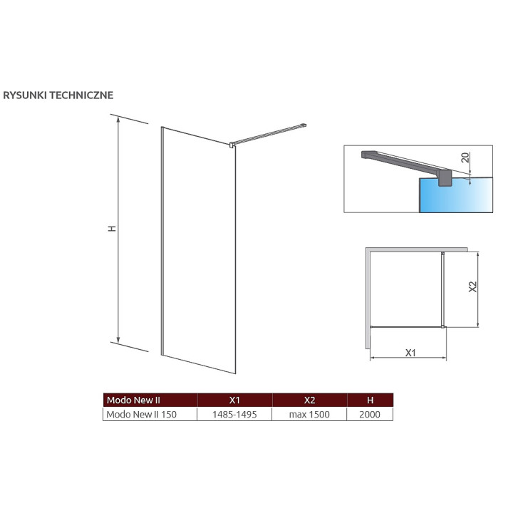 Ścianka Walk-In Radaway Modo New II 150, 148.5-149.5x200cm, chrom, szkło przejrzyste- sanitbuy.pl