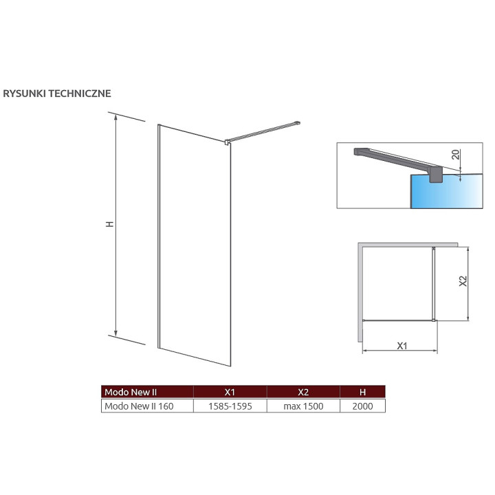 Ścianka Walk-In Radaway Modo New II 160, 158.5-159.5x200cm, chrom, szkło przejrzyste- sanitbuy.pl