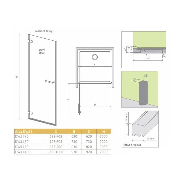 Drzwi wnękowe Radaway Arta DWJ I 90cm x 200cm lewe chrom, szkło przejrzyste- sanitbuy.pl