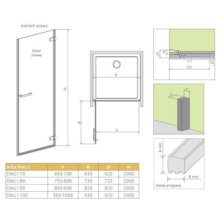 Drzwi wnękowe Radaway Arta DWJ I 100cm x 200cm prawa chrom, szkło przejrzyste- sanitbuy.pl