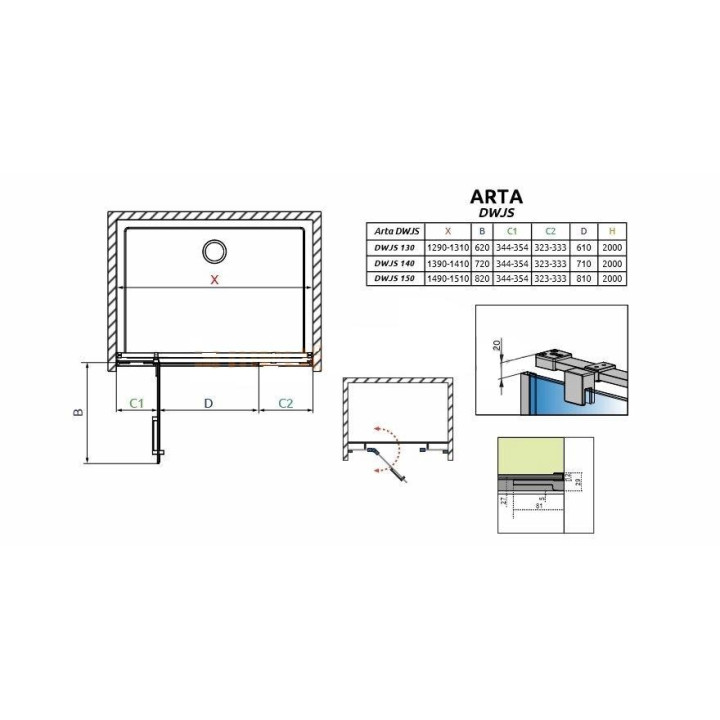 Drzwi prysznicowe wnękowe 130cm x 200cm ze ściankami stałymi lewe Radaway Arta DWJS- sanitbuy.pl