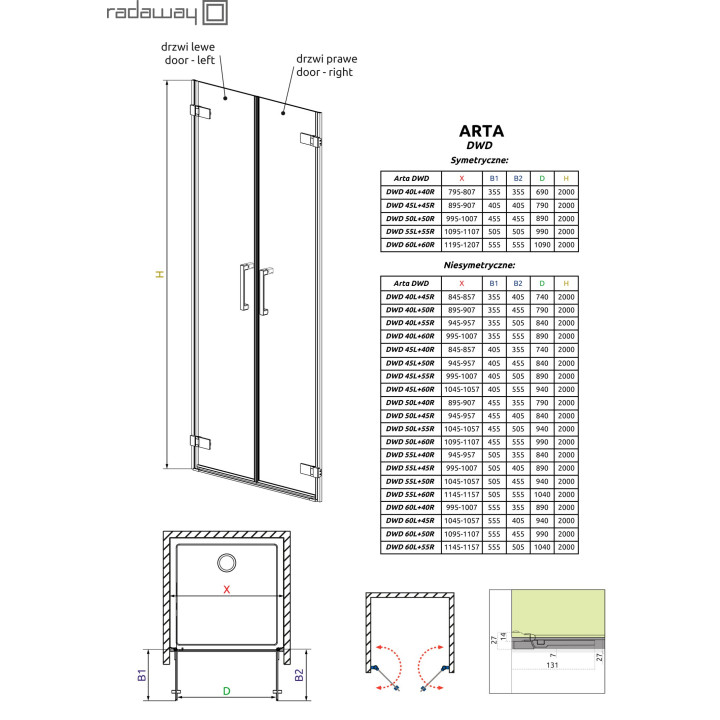 Drzwi wnękowe 40 cm prawe szkło przejrzyste Radaway Arta DWD  - sanitbuy.pl