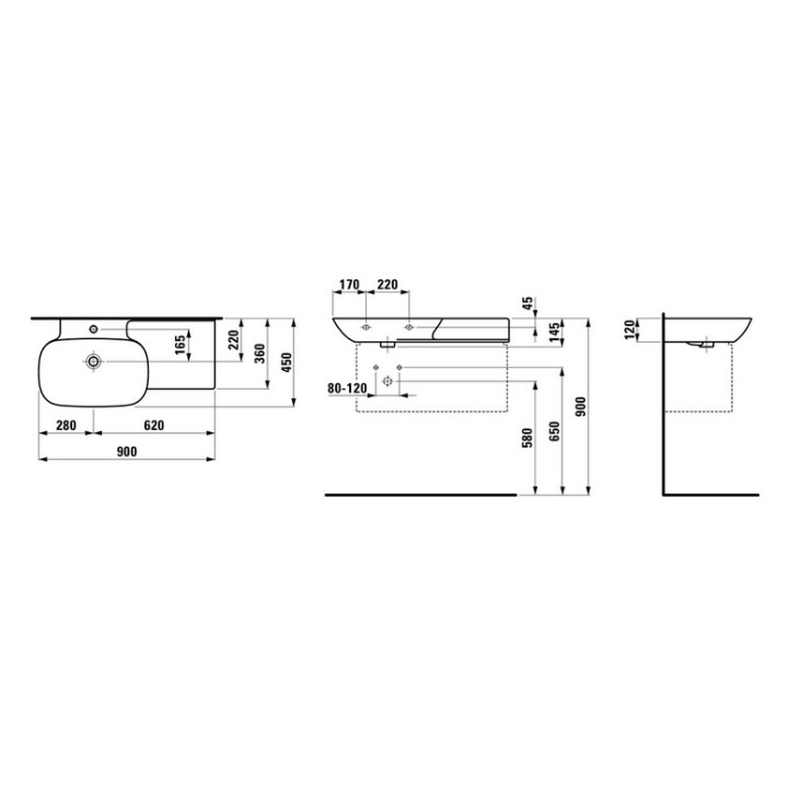 Umywalka ścienna 900 x 450 mm SaphirKeramik z blatem po prawej stronie z otworem na baterię Laufen INO- sanitbuy.pl