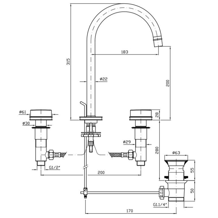 Bateria umywalkowa 3-otworowa z korkiem chrom/czarny Zucchetti SAVOY- sanitbuy.pl