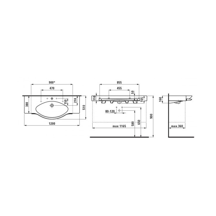 Umywalka ścienna Laufen PALACE z relingiem 1200 x 510 mm z otworem na baterię blaty umywalki z możliwością docinania biała- sani